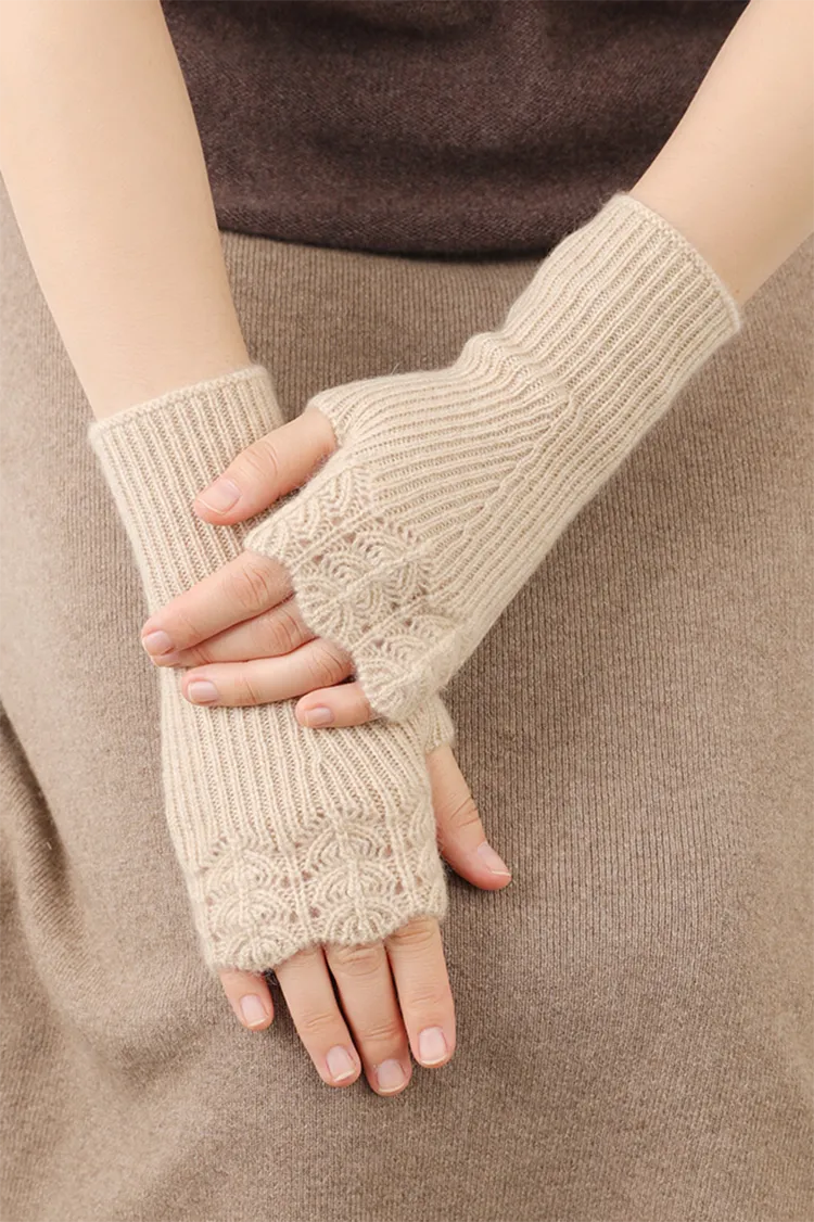 100 Cashmere Ribbed Knit Crochet Fingerless Gloves