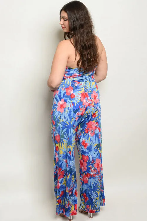 Blue Floral Strapless Plus Size Jumpsuit
