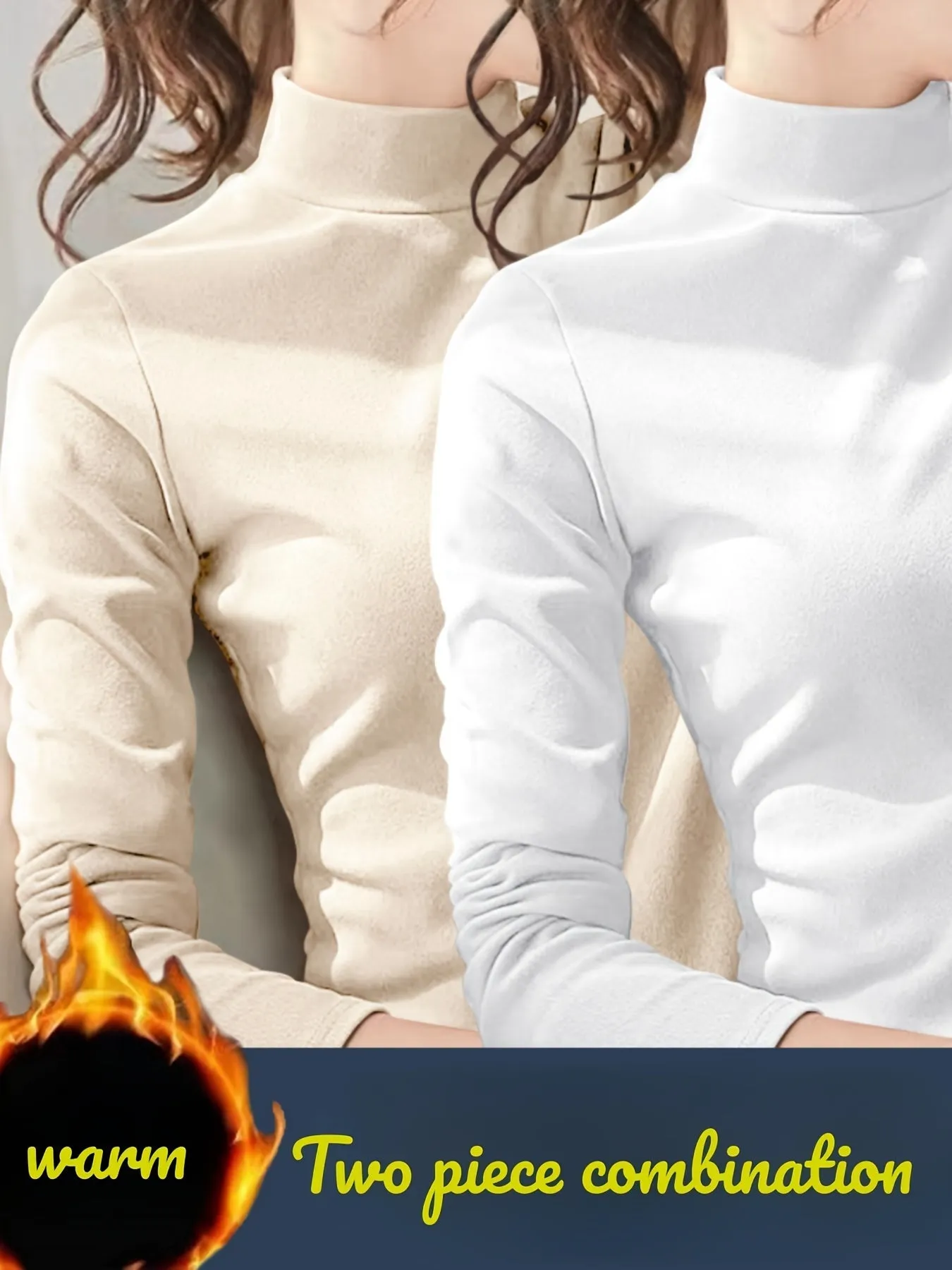 Buy 1 Get 1 Free, total of 2 pcs Soft & Cozy Mock Neck Thermal Long Sleeve Top - Ultra-Comfortable, Stretchy, and Breathable Base Layer for Women - Polyester Knit Fabric, Solid Color, Micro Elasticity, Perfect for Lingerie & Sleepwear