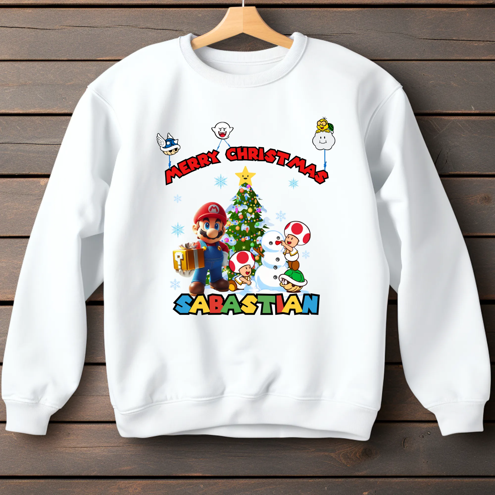 Children's Christmas Jumper, Super Mario Christmas Sweatshirt with Personalisation