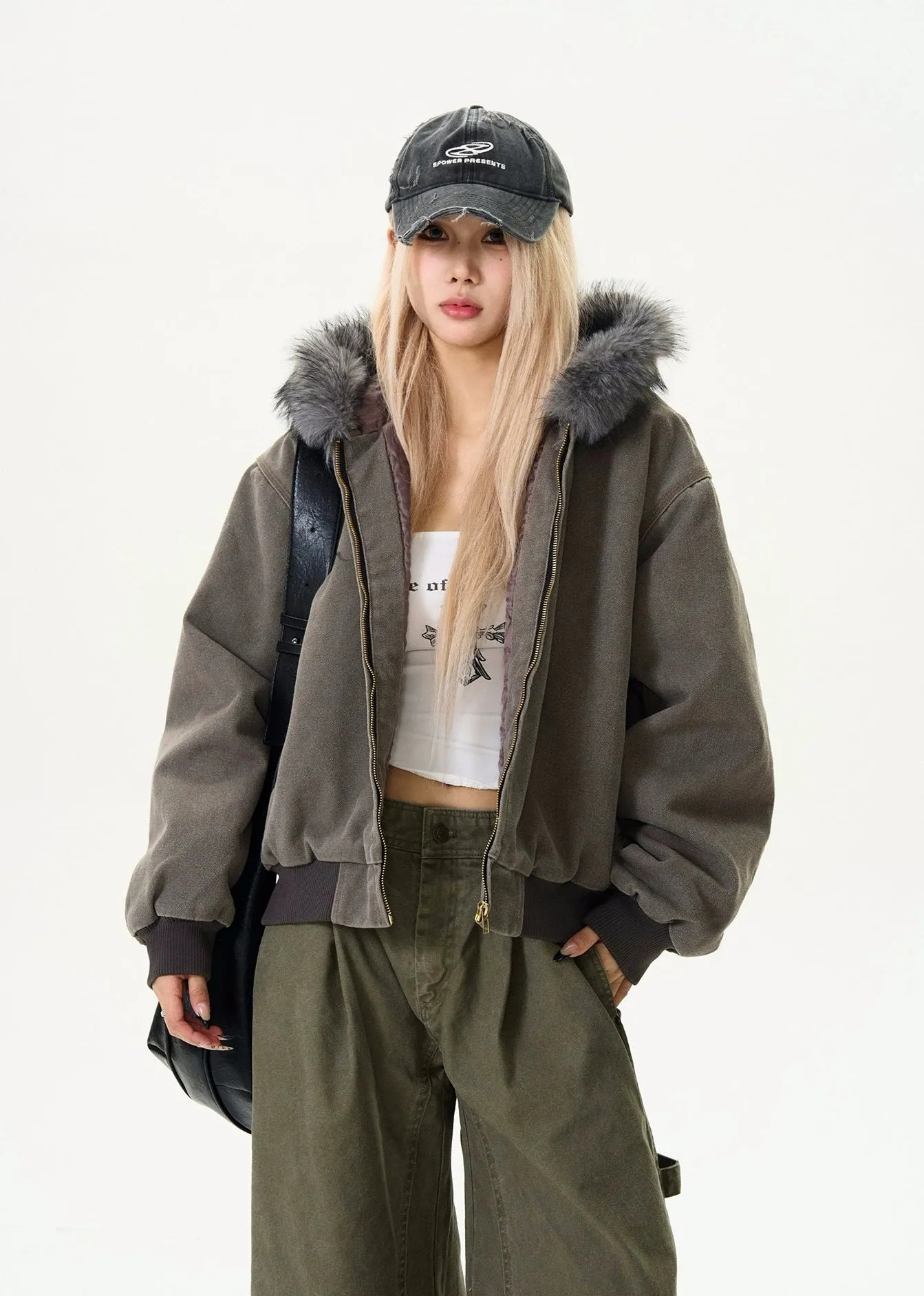 Contrast Faux Fur Hooded Bomber Jacket