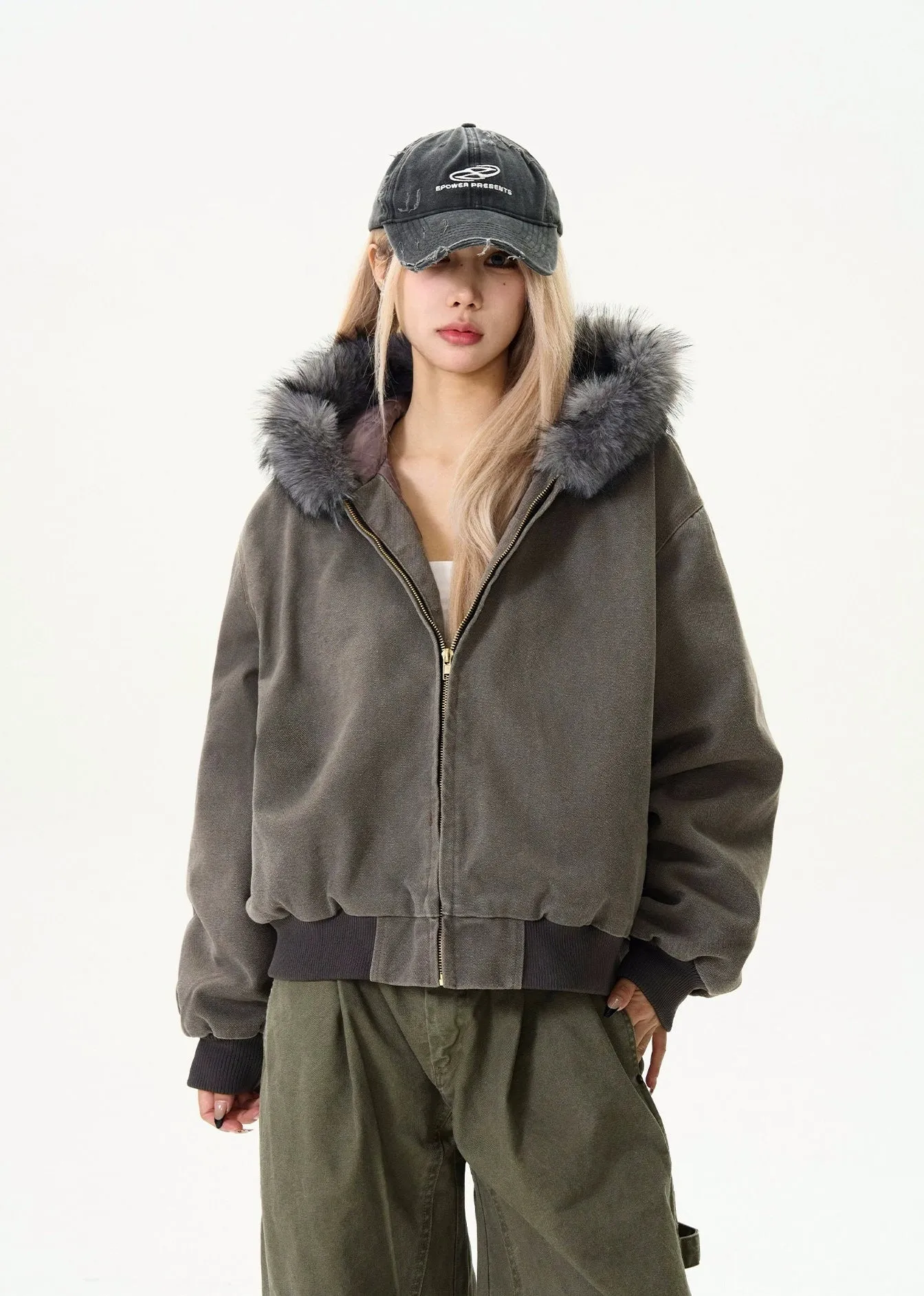 Contrast Faux Fur Hooded Bomber Jacket