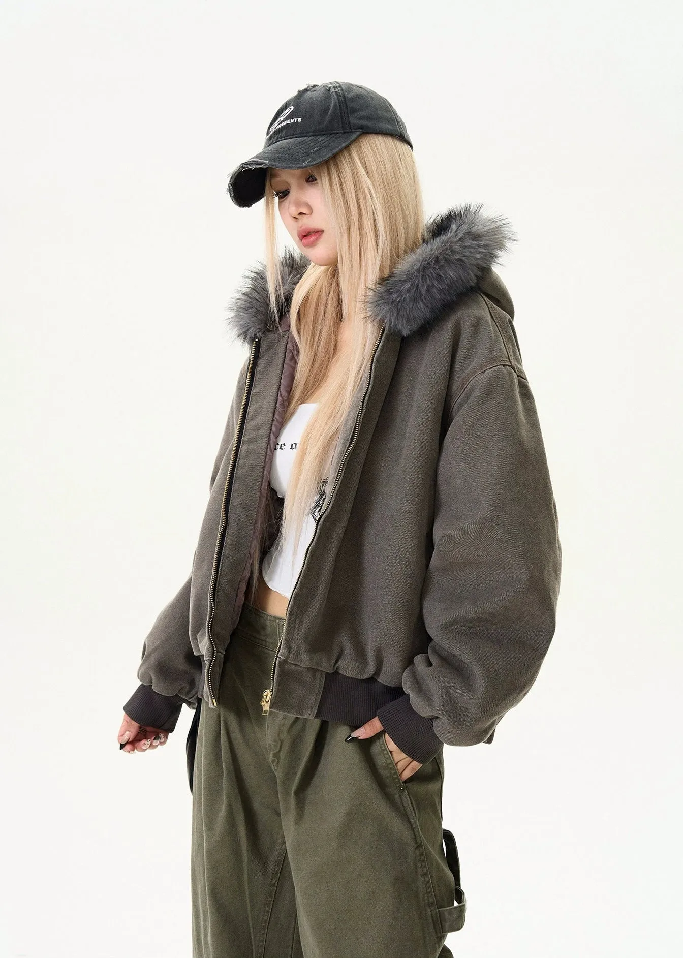 Contrast Faux Fur Hooded Bomber Jacket