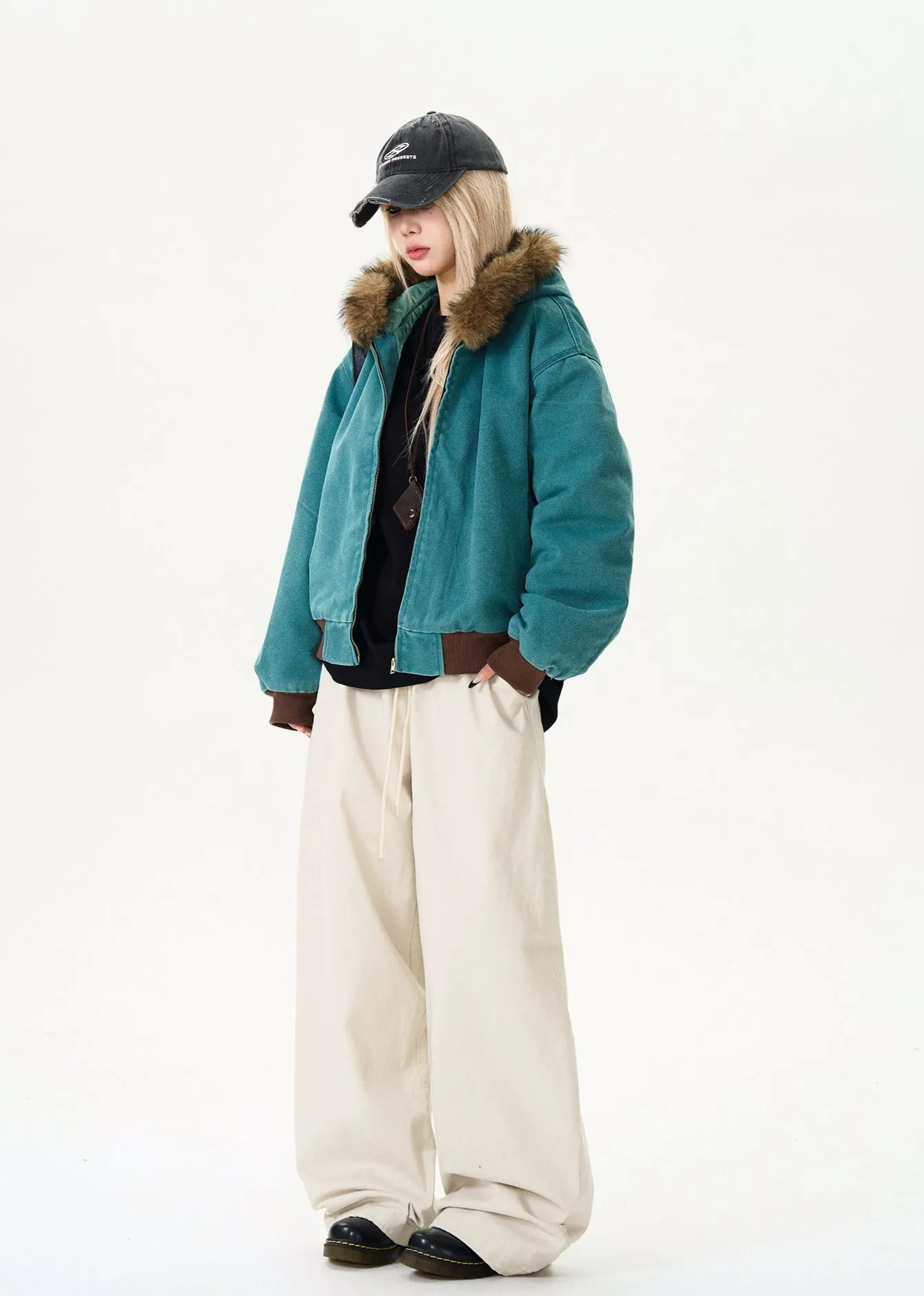 Contrast Faux Fur Hooded Bomber Jacket
