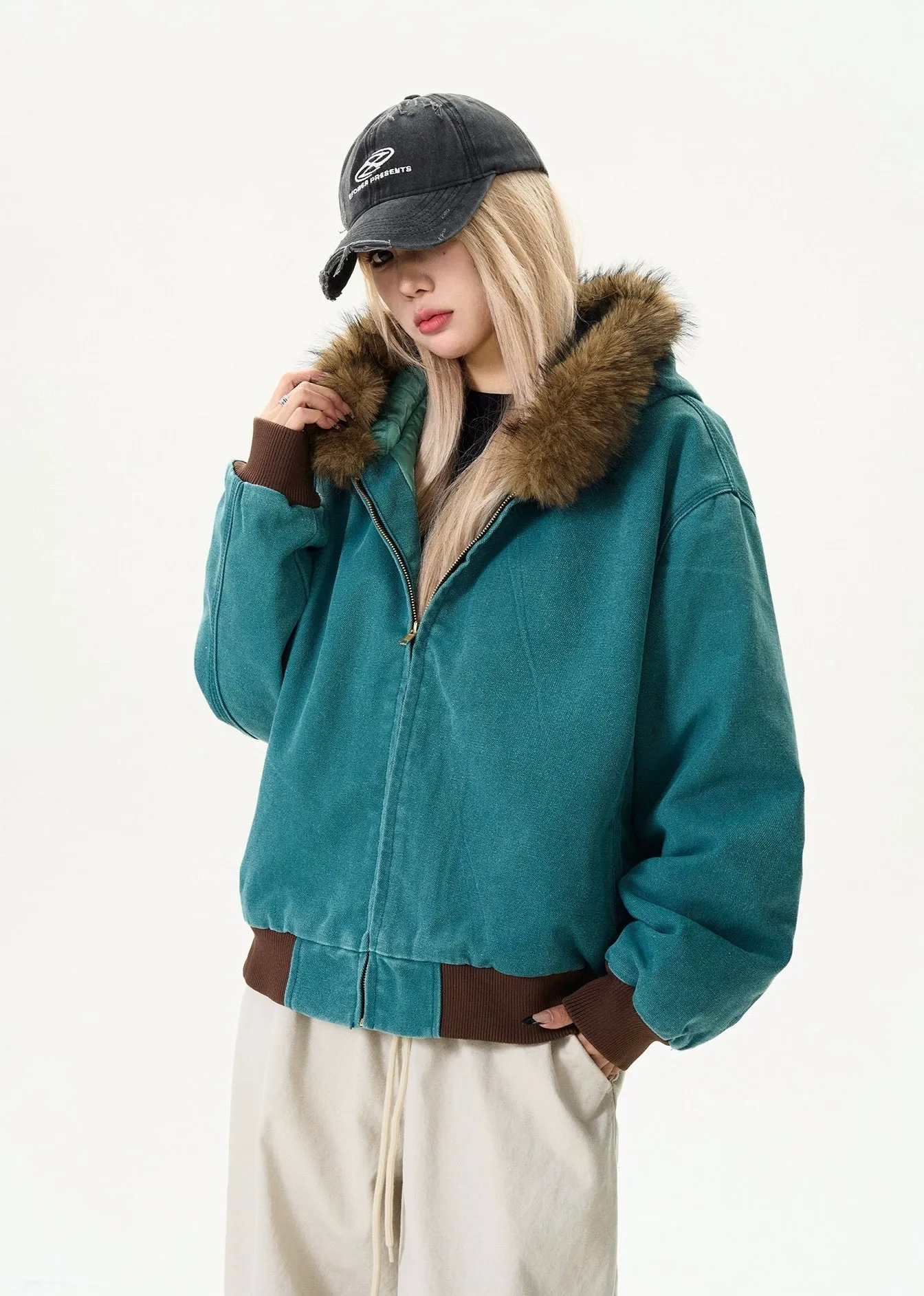 Contrast Faux Fur Hooded Bomber Jacket