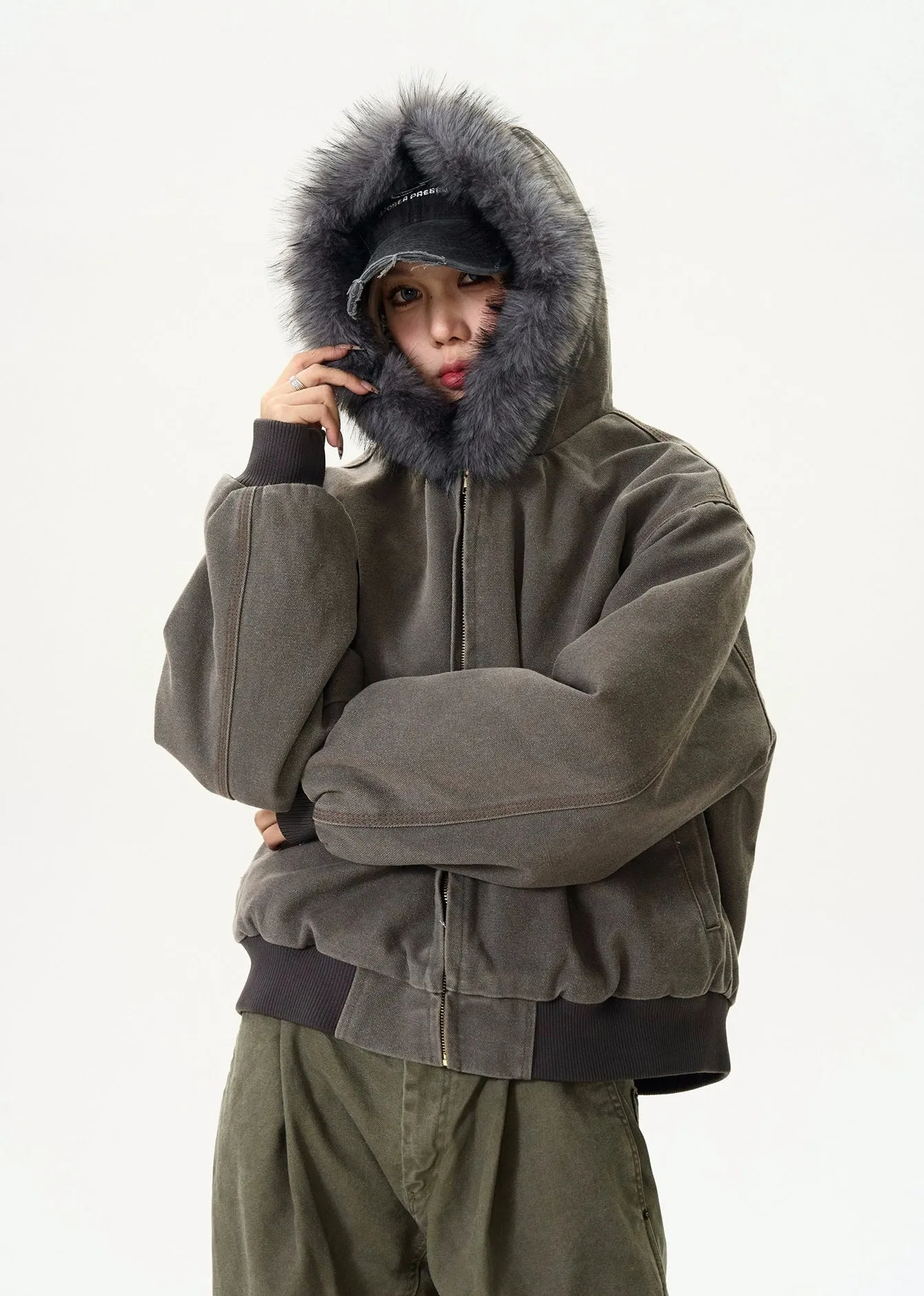 Contrast Faux Fur Hooded Bomber Jacket