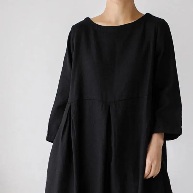 Cotton Linen Round Neck Solid Color Dress