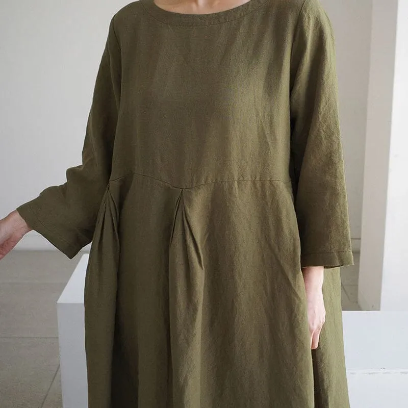 Cotton Linen Round Neck Solid Color Dress