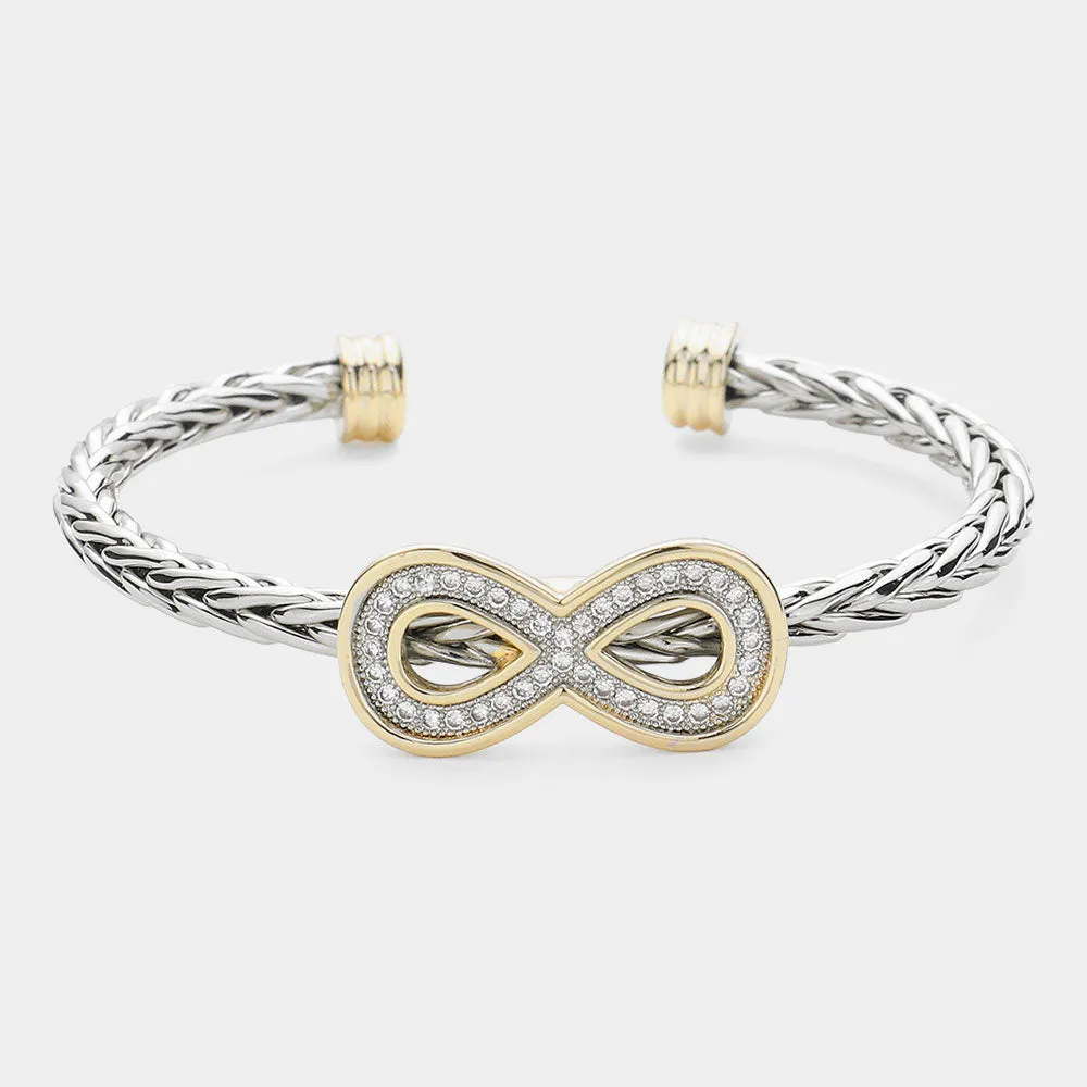 Cubic Zirconia Stone Paved Infinity Pointed Two Tone Cuff Bracelet