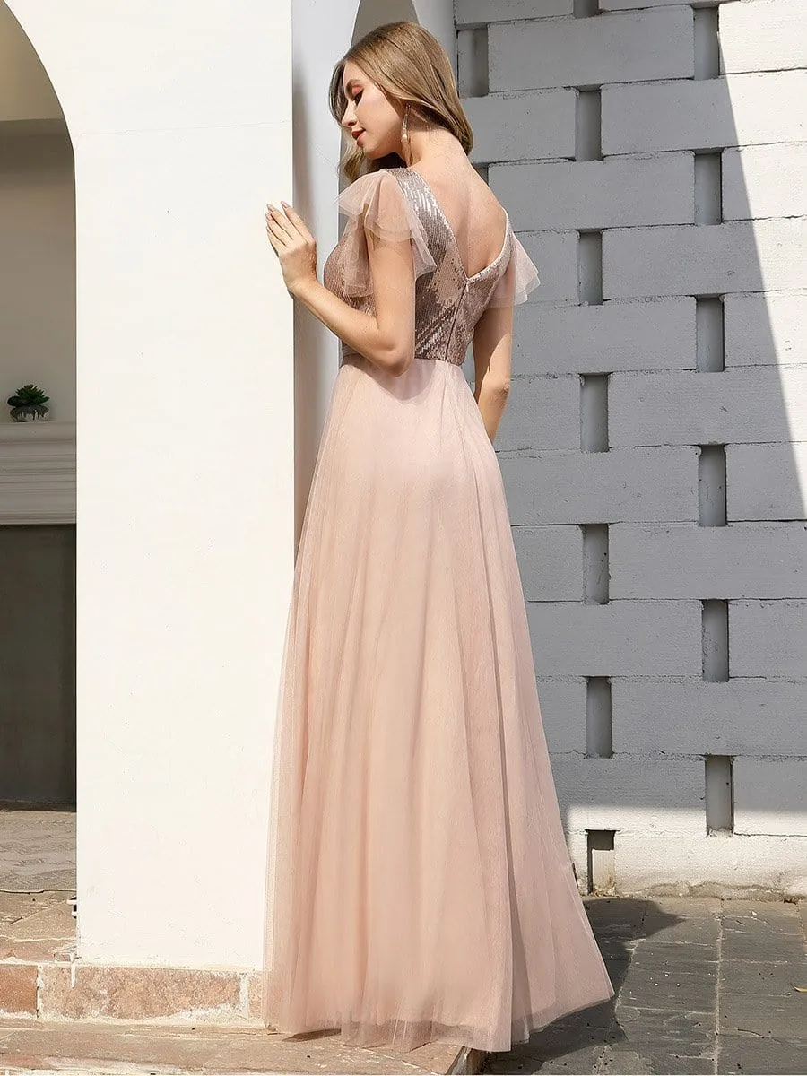 Deep Double V Neck Flowy Tulle Blush Bridesmaid Dress