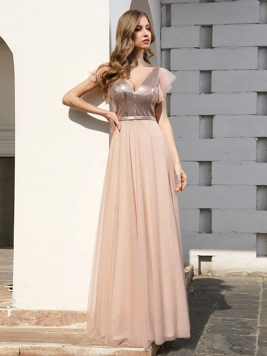 Deep Double V Neck Flowy Tulle Blush Bridesmaid Dress