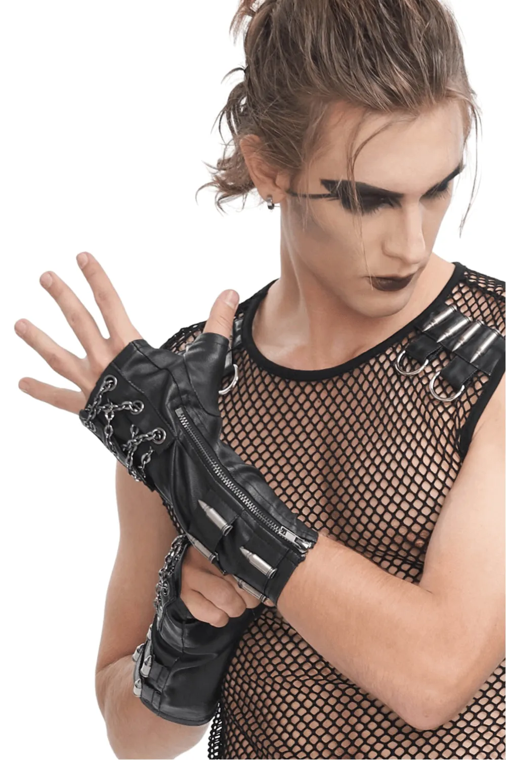 Gothic Fingerless Gloves with Chain and Bullet Details