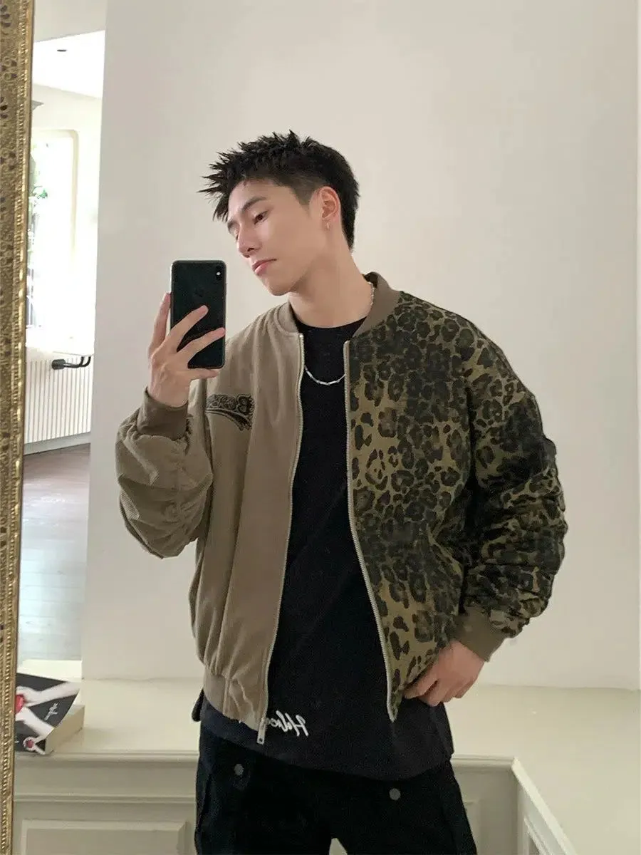 Holo Asymmetric Leopard Print Bomber Jacket