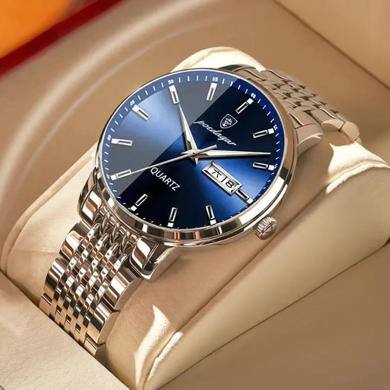 Men Watch Stainless Steel Top Quailty Luxury Push Button Hidden Clasp Waterproof Luminous Date Week Sport Wrist Watches