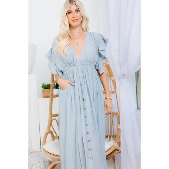 Misty Blue Gauze Boho Button Short Slv Deep V Woven Gathered Maxi Coverup Dress