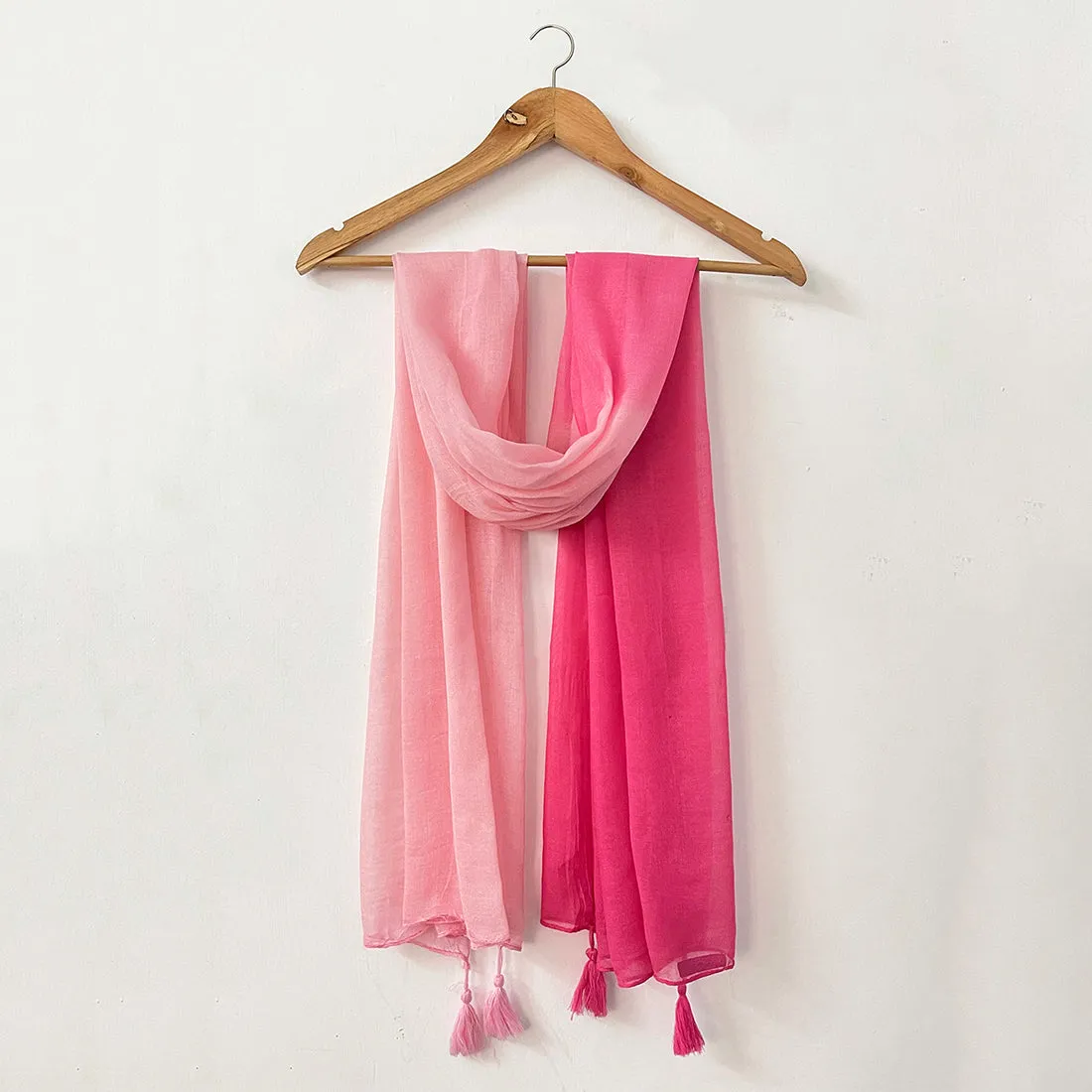 Pink Ombre Double Shaded Viscose Scarf with Corner Tassels