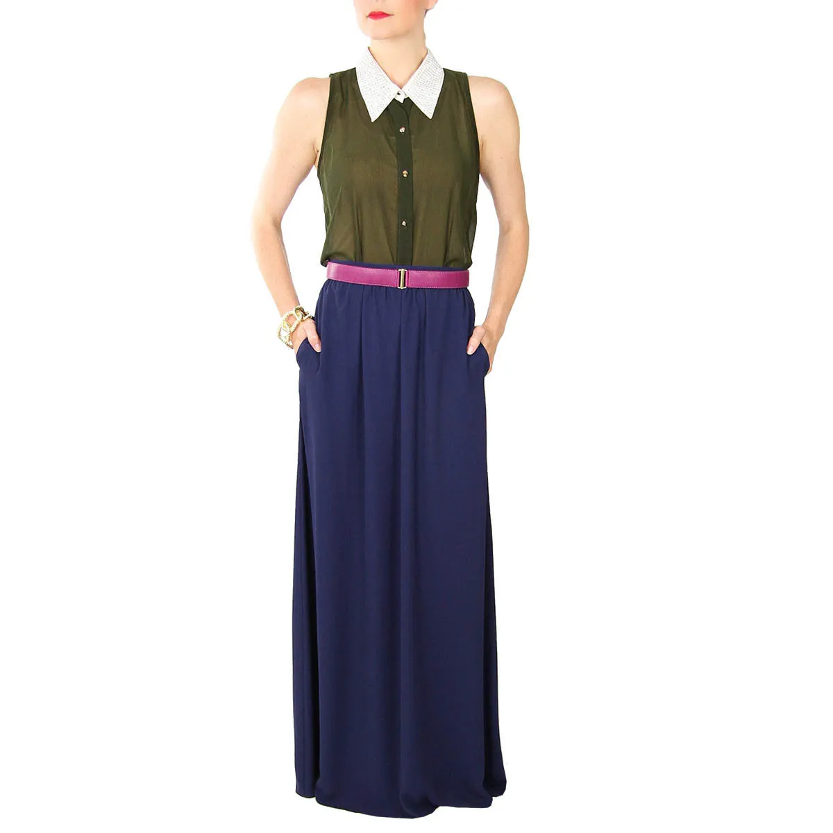 Sheer Button-Up Blouse with Embellished Collar
