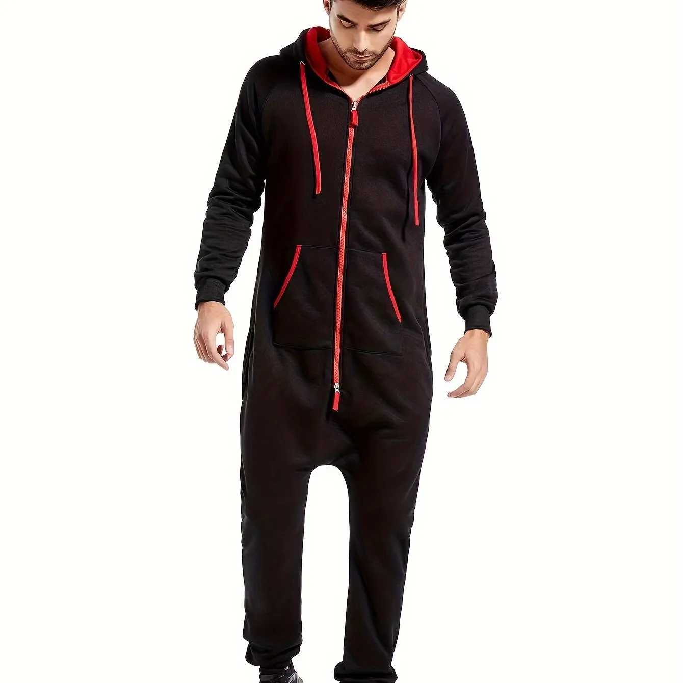 Winter Men's One-piece Thermal Hooded Jumpsuit for Casual Zip Up