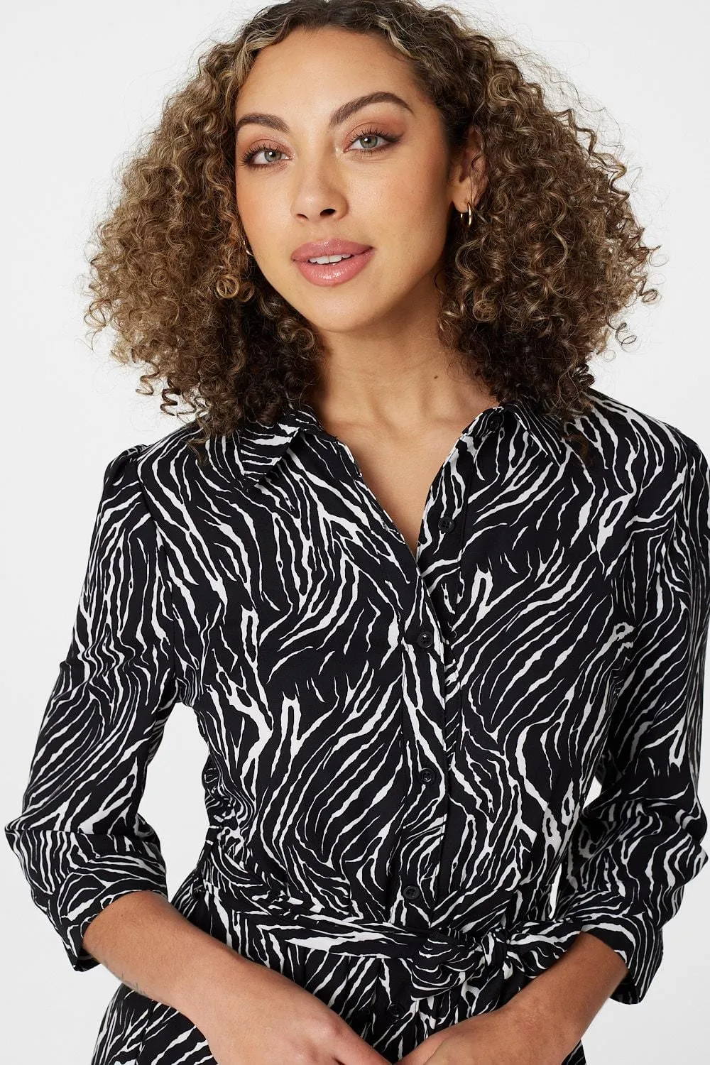 Zebra Print Button Front Shirt Dress