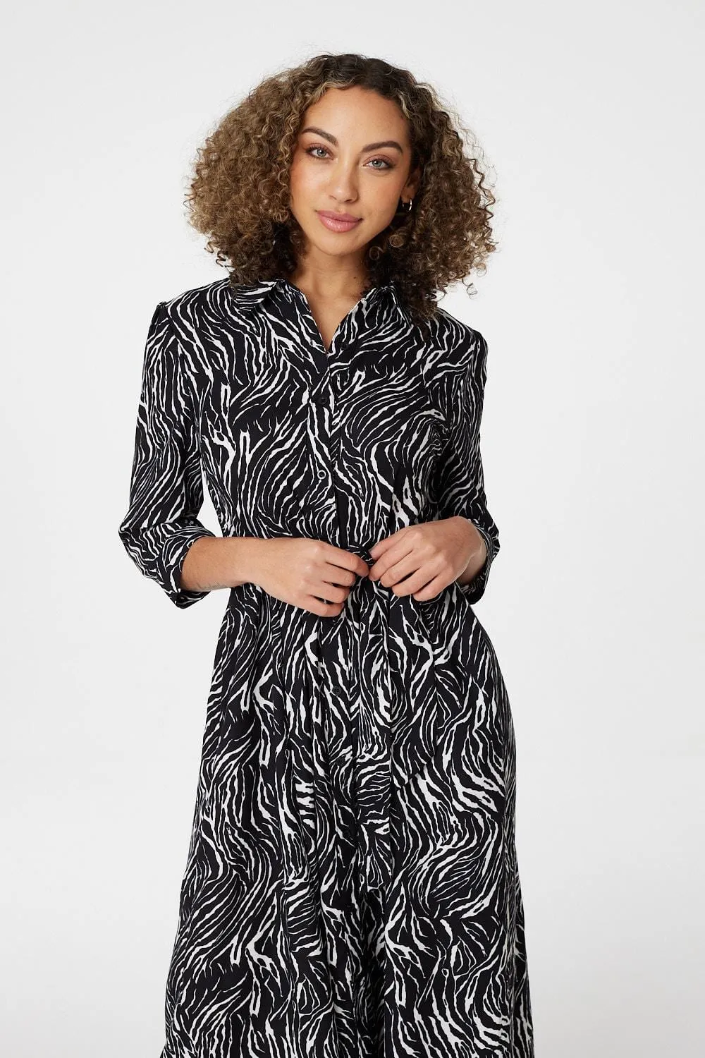 Zebra Print Button Front Shirt Dress